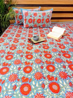 Antsy Petals Handblock Printed Cotton Double Bedcover with Pillow covers (Set of 3)