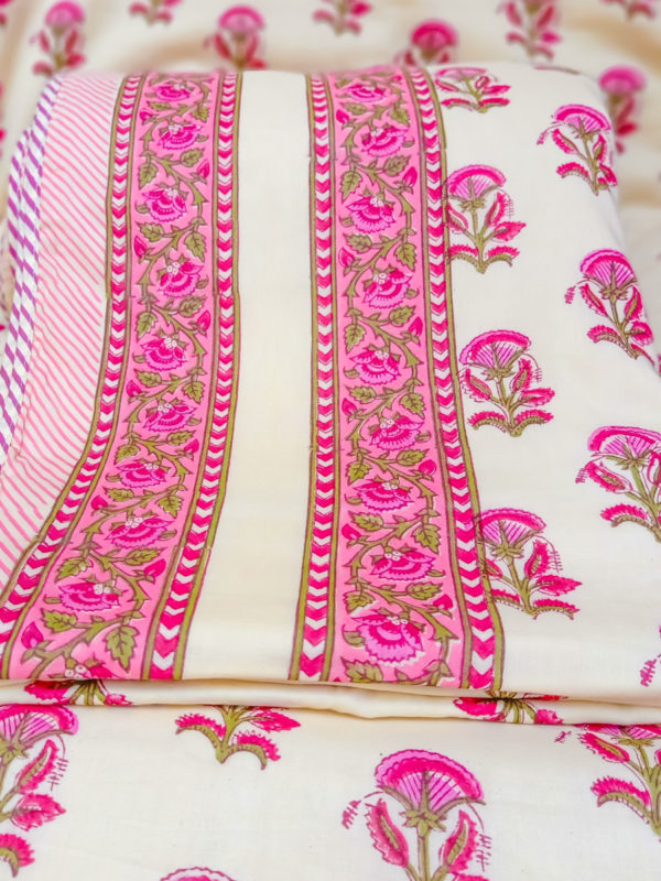 Petal Pushing Handblock Printed Mulmul Cotton Double Dohar with Flannel