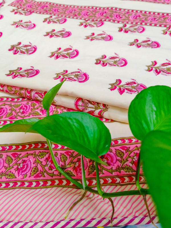 Petal Pushing Handblock Printed Mulmul Cotton Double Dohar with Flannel