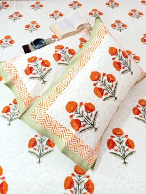 Twigs Florist Handblock Printed Cotton Double Bedcover with Pillow covers (Set of 3)