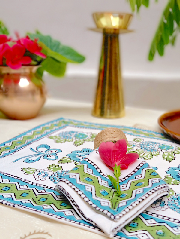 Ghayebi Cotton Hand Block Printed Table Placemat and Napkin Set Of 4 (Napkins-2|Placemats-2)