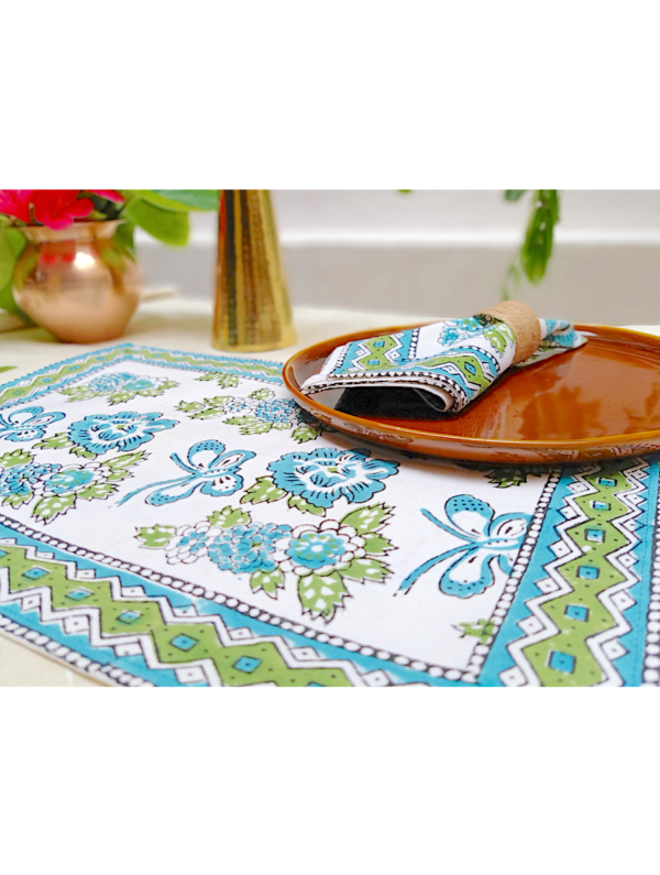 Ghayebi Cotton Hand Block Printed Table Placemat and Napkin Set Of 4 (Napkins-2|Placemats-2)