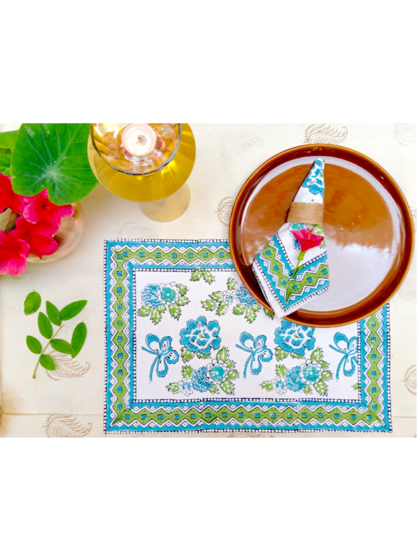 Ghayebi Cotton Hand Block Printed Table Placemat and Napkin Set Of 4 (Napkins-2|Placemats-2)