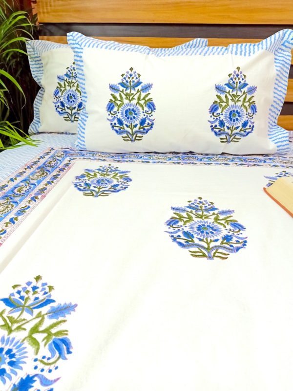 Flowerinas Handblock Printed Cotton Double Bedcover with Pillow covers (Set of 3)