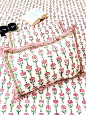 Seaside Blossoms Handblock Printed Cotton Double Bedcover with Pillow covers (Set of 3)