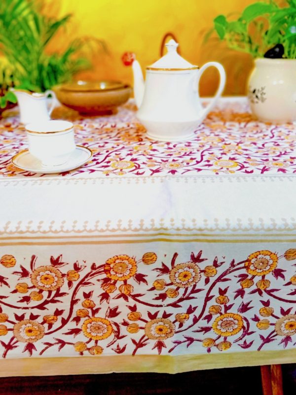 Khajuribel Cotton Hand Block Printed Table Cover (L- 85 Inches X W- 55 Inches)