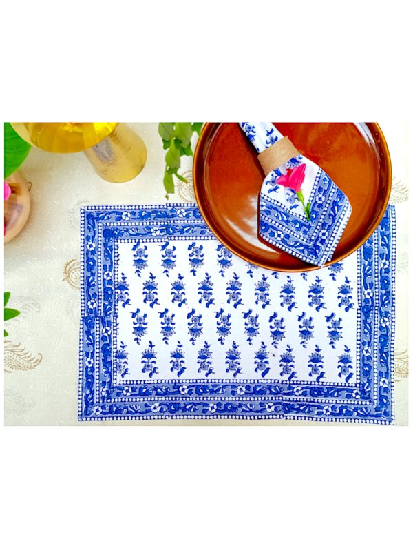 Makli Cotton Hand Block Printed Table Placemat and Napkin Set Of 4 (Napkins-2|Placemats-2)