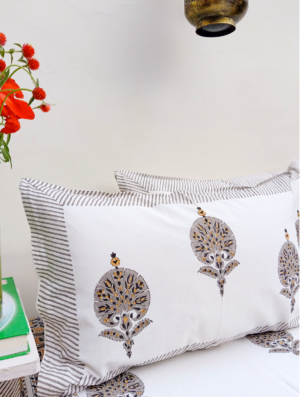 Blooming Petals Cotton Hand Block Printed Bedsheet With Pillowcase (L-108 In X W-108 In)