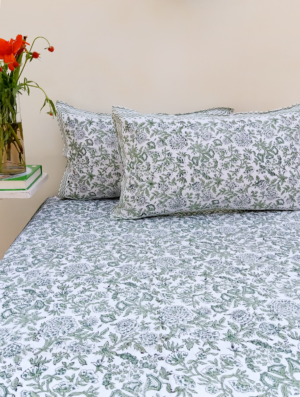 Bloom & Bud Cotton Hand Block Printed Bedsheet With Pillowcase (L-108 In X W-108 In)