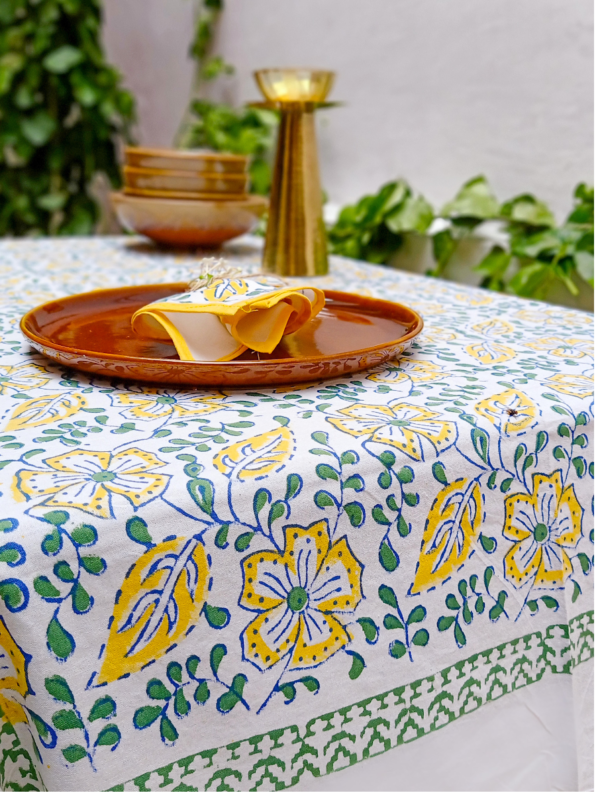 Poppy Cotton Hand Block Printed Table Cover (L- 85 Inches X W- 55 Inches)