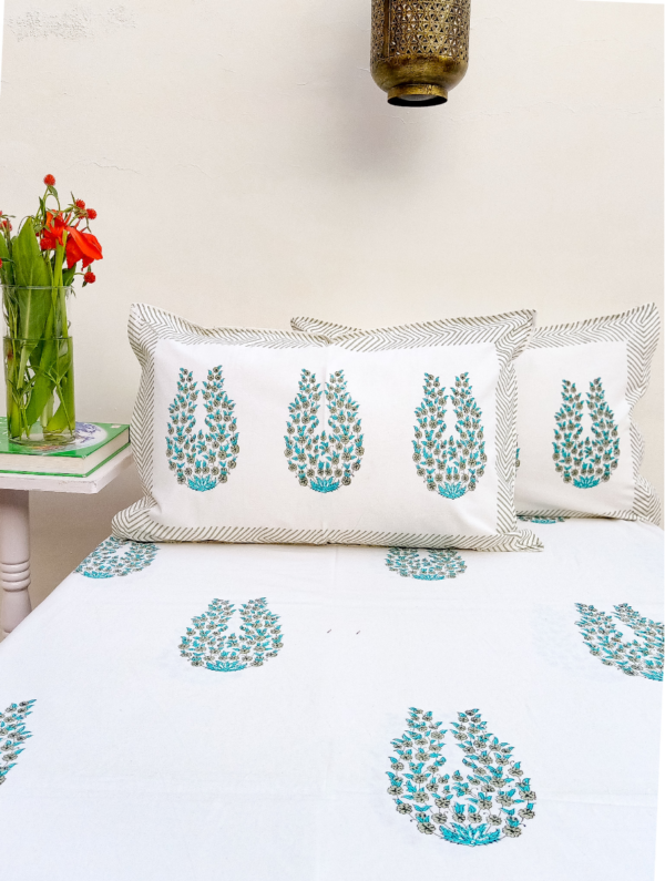 Blooming Trails Cotton Hand Block Printed Bedsheet With Pillowcase (L-108 In X W-90 In)