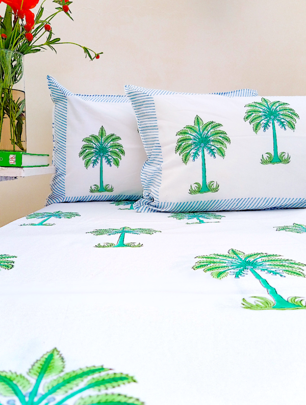 Loose Leaf Cotton Hand Block Printed Bedsheet With Pillowcase (L-108 In X W-108 In)