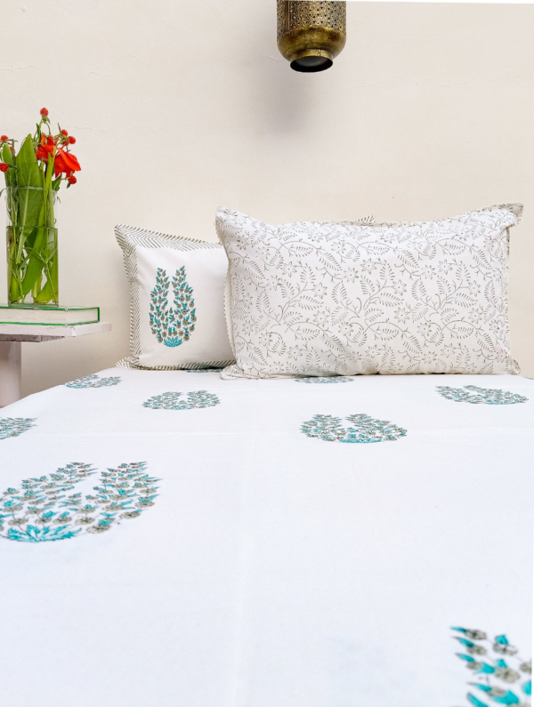 Blooming Trails Cotton Hand Block Printed Bedsheet With Pillowcase (L-108 In X W-90 In)