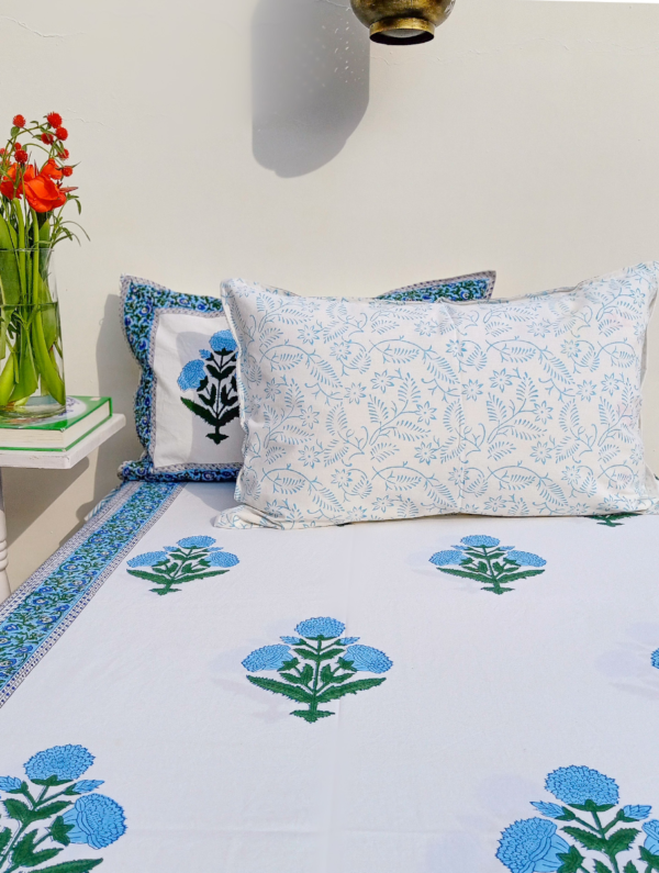 Petals & Leaves Cotton Hand Block Printed Bedsheet With Pillowcase (L-108 In X W-90 In)