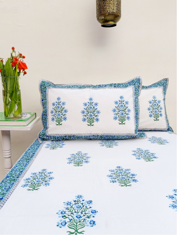 Wild Lotus Cotton Hand Block Printed Bedsheet With Pillowcase (L-108 In X W-90 In)