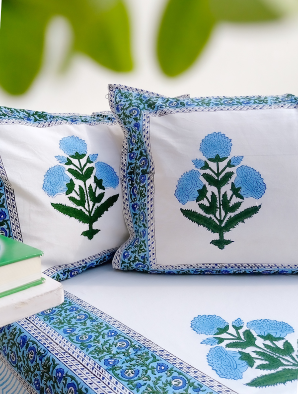 Petals & Leaves Cotton Hand Block Printed Bedsheet With Pillowcase (L-108 In X W-90 In)