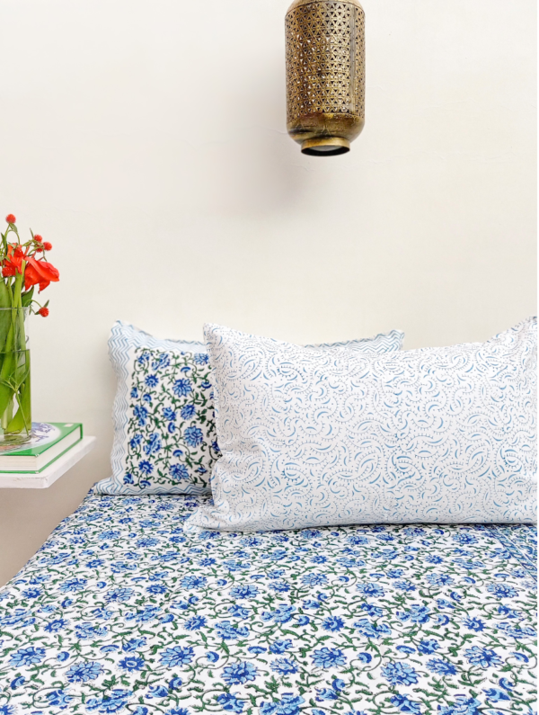 Wallflowers Post Cotton Hand Block Printed Bedsheet With Pillowcase (L-108 In X W-90 In)