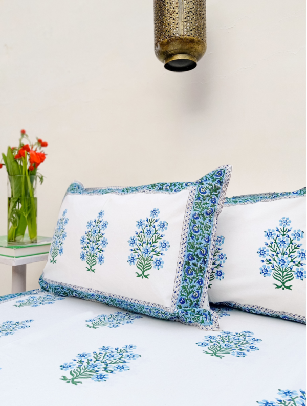 Wild Lotus Cotton Hand Block Printed Bedsheet With Pillowcase (L-108 In X W-90 In)