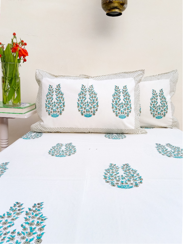 Blooming Trails Cotton Hand Block Printed Bedsheet With Pillowcase (L-108 In X W-90 In)