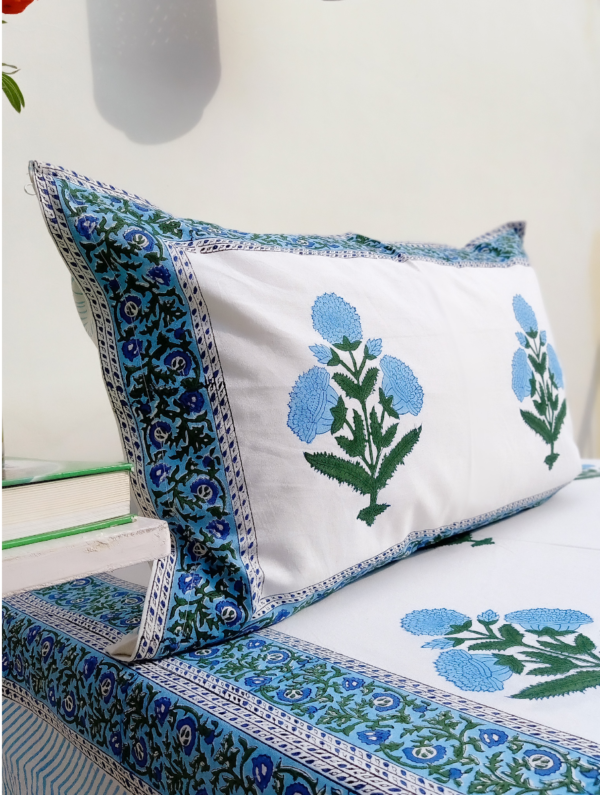 Petals & Leaves Cotton Hand Block Printed Bedsheet With Pillowcase (L-108 In X W-90 In)