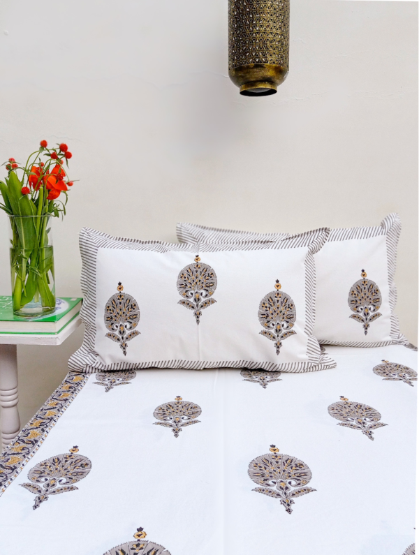 Blooming Petals Cotton Hand Block Printed Bedsheet With Pillowcase (L-108 In X W-108 In)