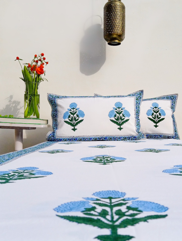 Petals & Leaves Cotton Hand Block Printed Bedsheet With Pillowcase (L-108 In X W-90 In)