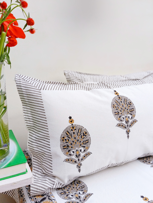 Blooming Petals Cotton Hand Block Printed Bedsheet With Pillowcase (L-108 In X W-108 In)