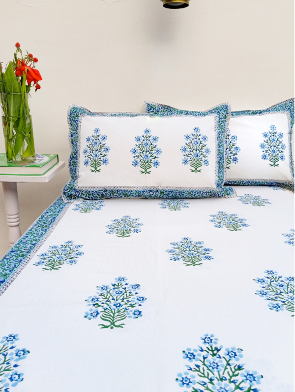 Wild Lotus Cotton Hand Block Printed Bedsheet With Pillowcase (L-108 In X W-90 In)