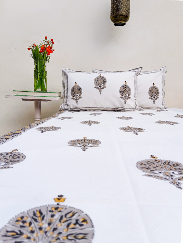 Blooming Petals Cotton Hand Block Printed Bedsheet With Pillowcase (L-108 In X W-108 In)