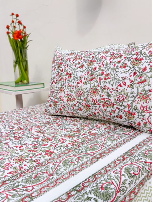 Rainbow Petal Cotton Hand Block Printed Bedsheet With Pillowcase (L-108 In X W-90 In)