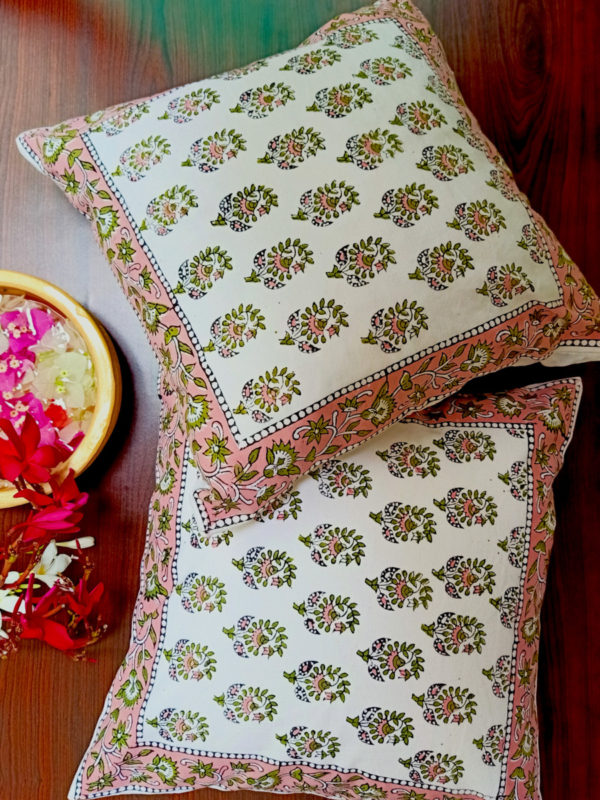 Primrose Handblock Printed Canvas Cotton Cushion Cover (16In X 16In)