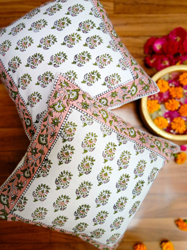 Primrose Handblock Printed Canvas Cotton Cushion Cover (16In X 16In)