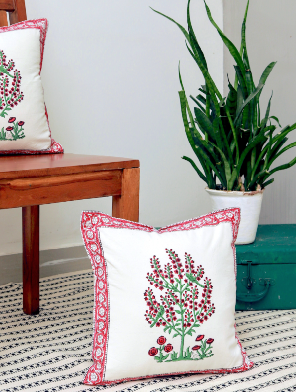 MapleLeaf Cotton Hand Block Printed Cushion Cover (L-16 In X W-16 In)