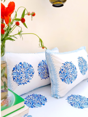 Flower Vision Cotton Hand Block Printed Bedsheet With Pillowcase (L-108 In X W-108 In)