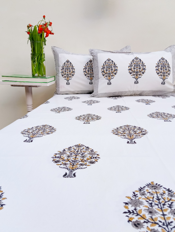 Sunset Floral Cotton Hand Block Printed Bedsheet With Pillowcase (L-108 In X W-90 In)