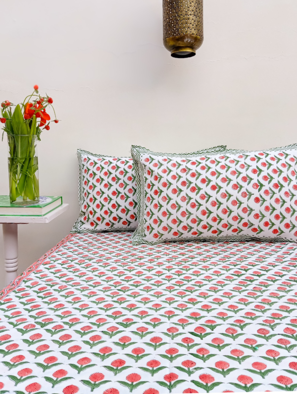 Rose Bay Cotton Hand Block Printed Bedsheet With Pillowcase (L-108 In X W-90 In)