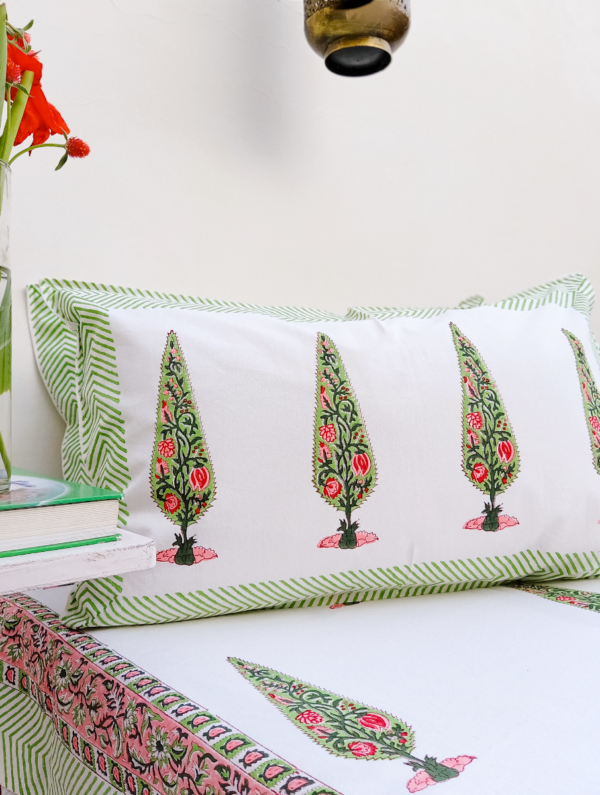 Flowers With Essence Cotton Hand Block Printed Bedsheet With Pillowcase (L-108 In X W-90 In)