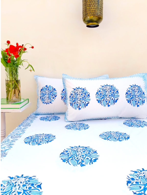 Flower Vision Cotton Hand Block Printed Bedsheet With Pillowcase (L-108 In X W-108 In)