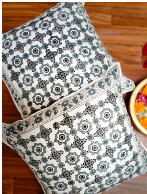 Fern Cotton Hand Block Printed Cushion Cover (L-16 In X W-16 In)