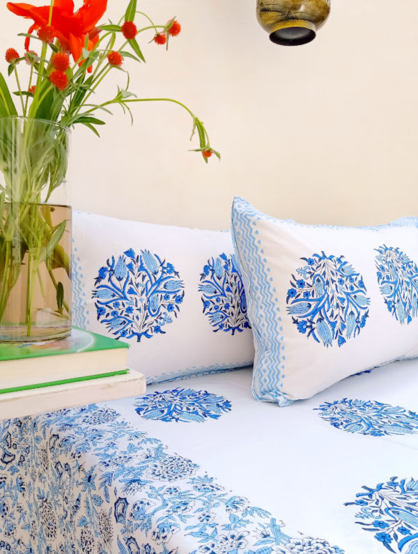 Flower Vision Cotton Hand Block Printed Bedsheet With Pillowcase (L-108 In X W-108 In)