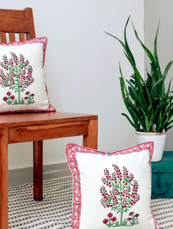 MapleLeaf Cotton Hand Block Printed Cushion Cover (L-16 In X W-16 In)