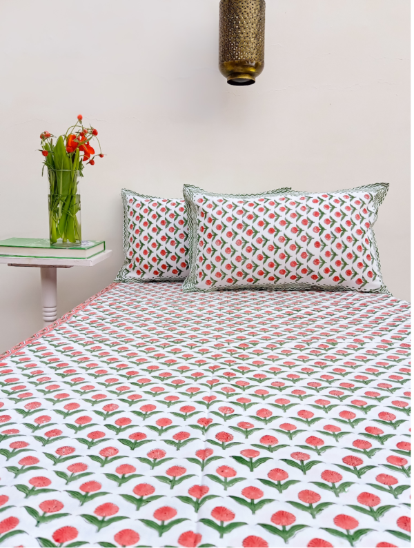 Rose Bay Cotton Hand Block Printed Bedsheet With Pillowcase (L-108 In X W-90 In)