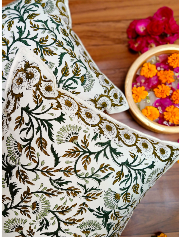 Abelia Cotton Hand Block Printed Cushion Cover (L-16 In X W-16 In)