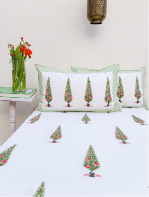 Flowers With Essence Cotton Hand Block Printed Bedsheet With Pillowcase (L-108 In X W-90 In)