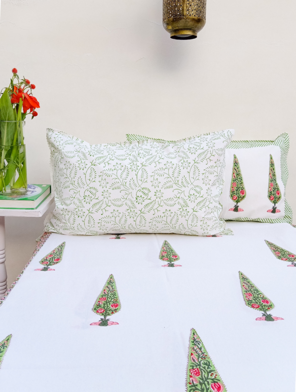 Flowers With Essence Cotton Hand Block Printed Bedsheet With Pillowcase (L-108 In X W-90 In)