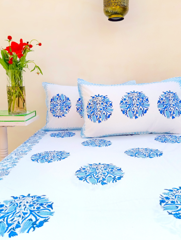 Flower Vision Cotton Hand Block Printed Bedsheet With Pillowcase (L-108 In X W-108 In)