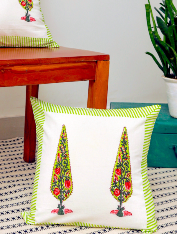 Hummingbird Cotton Hand Block Printed Cushion Cover (L-16 In X W-16 In)