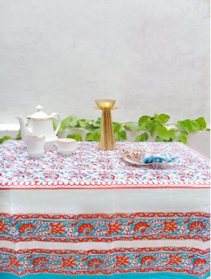 Zinnia Cotton Hand Block Printed Table Cover (L- 85 Inches X W- 55 Inches)