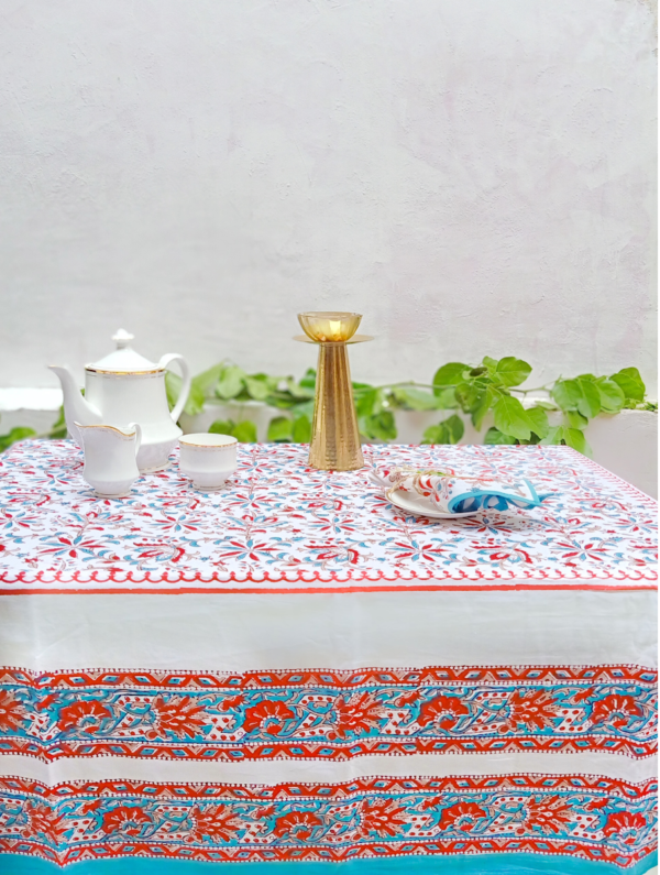 Zinnia Cotton Hand Block Printed Table Cover (L- 85 Inches X W- 55 Inches)