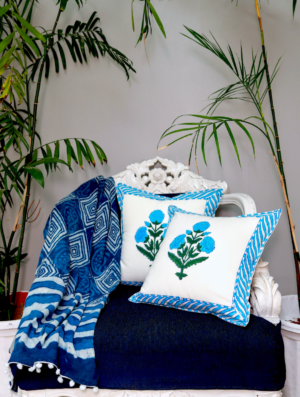 Bloomex Cotton Hand Block Printed Cushion Cover (L-16 In X W-16 In)